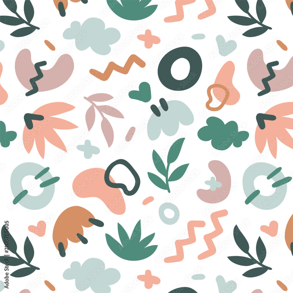 Fototapeta premium Modern Botanical Seamless Pattern with Abstract Leaves and Organic Shapes