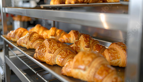Freshly baked golden croissants displayed on metal trays inside a professional industrial bakery kitchen for retail sale and consumption
