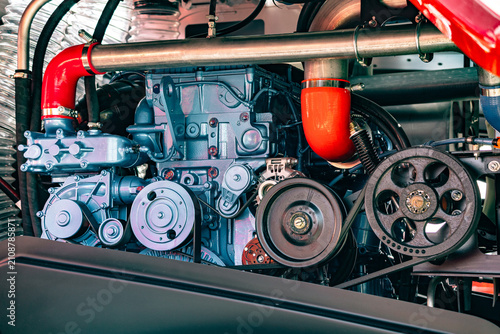 Canvastavla Agricultural harvester diesel engine compartment view with pulleys