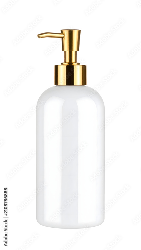 Fototapeta premium Soap dispenser bottle with luxury gold pump and blank white plastic container for cosmetic lotion on transparent background