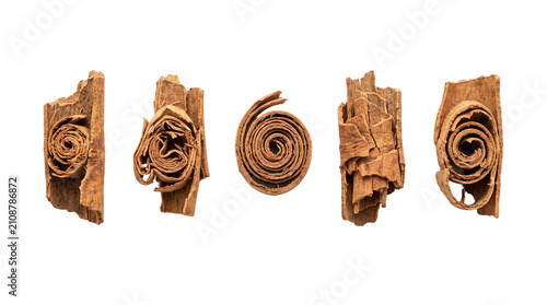 Ceylon cinnamon bark elements for gourmet food, baking, beverages and natural wellness branding. Isolated on White background.