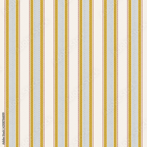 Classic French country seamless ticking stripe pattern with warm mustard yellow, terracotta red, and slate blue. Elegant vintage style for cottage wallpaper and home textiles. Vector illustration