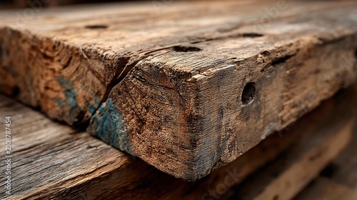Close-up of Weathered Wooden Beam Corner with Rough Grain for Architectural Texture