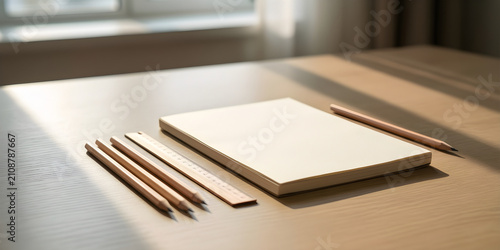 Plain pencils, ruler and unmarked notebook for seasonal retail and lifestyle