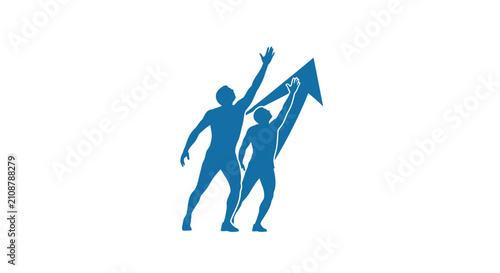 Obraz na plátne Two blue figures reaching for upward growth arrow