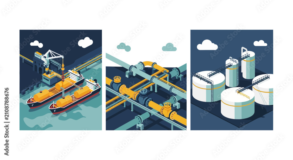 Naklejka premium Isometric Industrial Liquid Cargo Terminal and Oil Storage Infrastructure