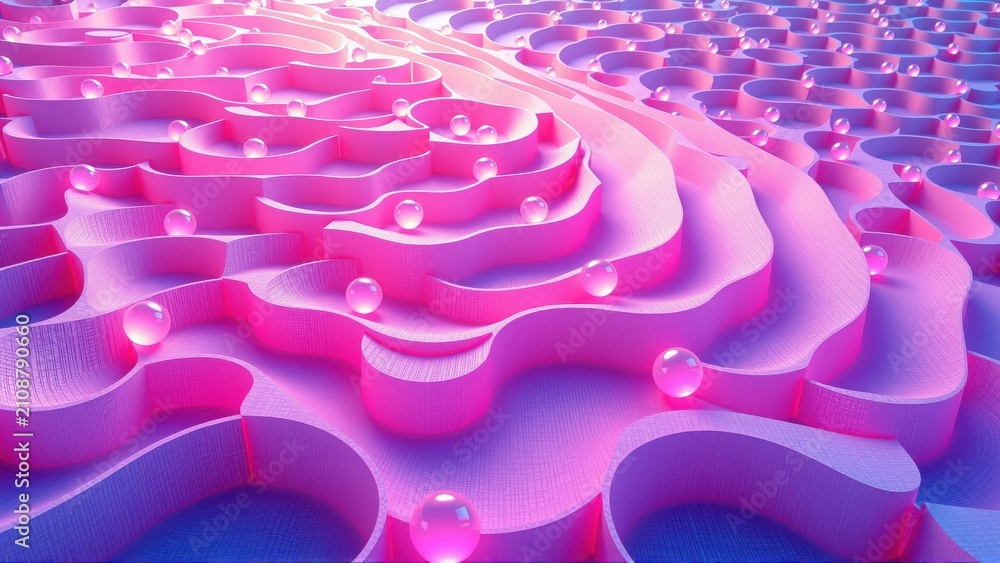 Obraz premium Abstract pink structure. Repeating patterns create flowing, layered design with spherical elements. Dramatic lighting enhances depth.