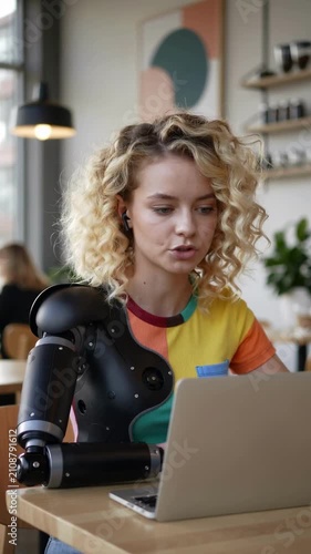 Young woman with prosthetic arm using laptop in cafe with colorful t-shirt, eye level shot