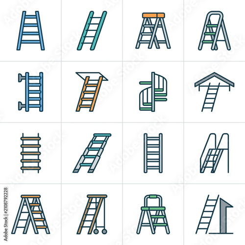 Set of Various Ladder Icons Illustrating Different Types and Designs.