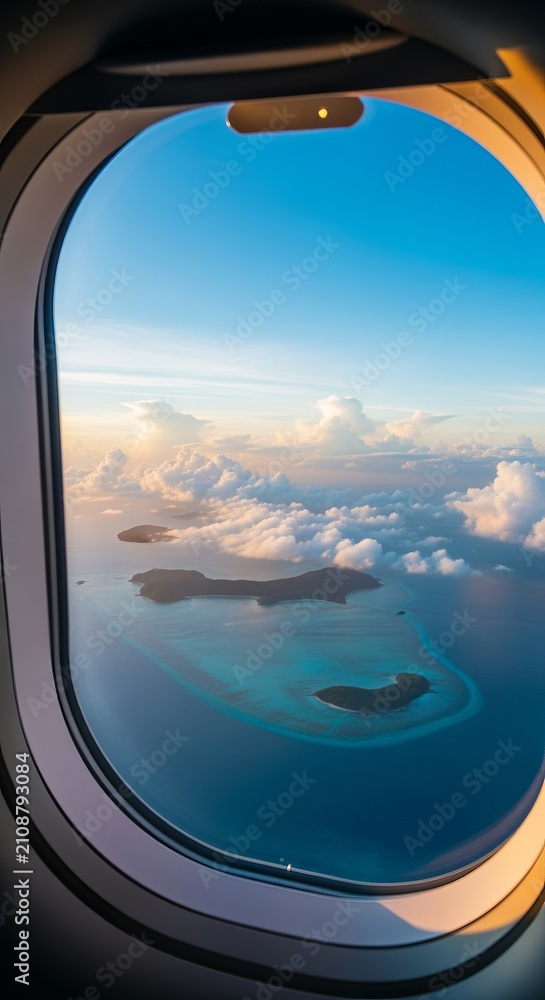 Fototapeta premium Aerial View Through Airplane Window of Tropical Islands At Sunset Over Turquoise Ocean And Clouds