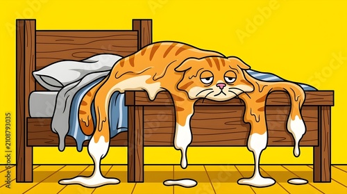 Cartoon Ginger Cat Melting Off Bed Representing Extreme Exhaustion