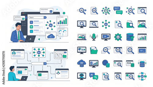 Information Retrieval and AI Data Analysis Vector Icon Set for Business Technology, Intelligent Search Systems and Digital Computing Concepts
