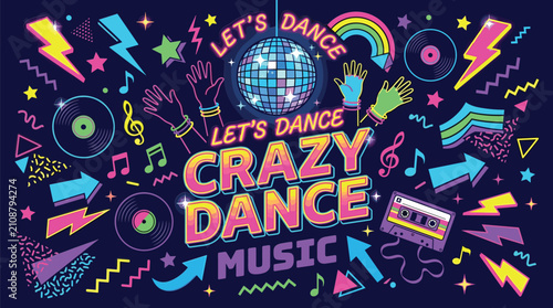 Retro dance party vector illustration with neon colors, disco ball, vinyl records, and vibrant music celebration concept
