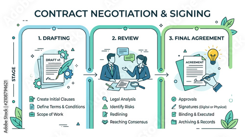Comprehensive Infographic Illustrating the Three Stages of Contract Negotiation and Signing Process: Drafting, Review, and Final Agreement