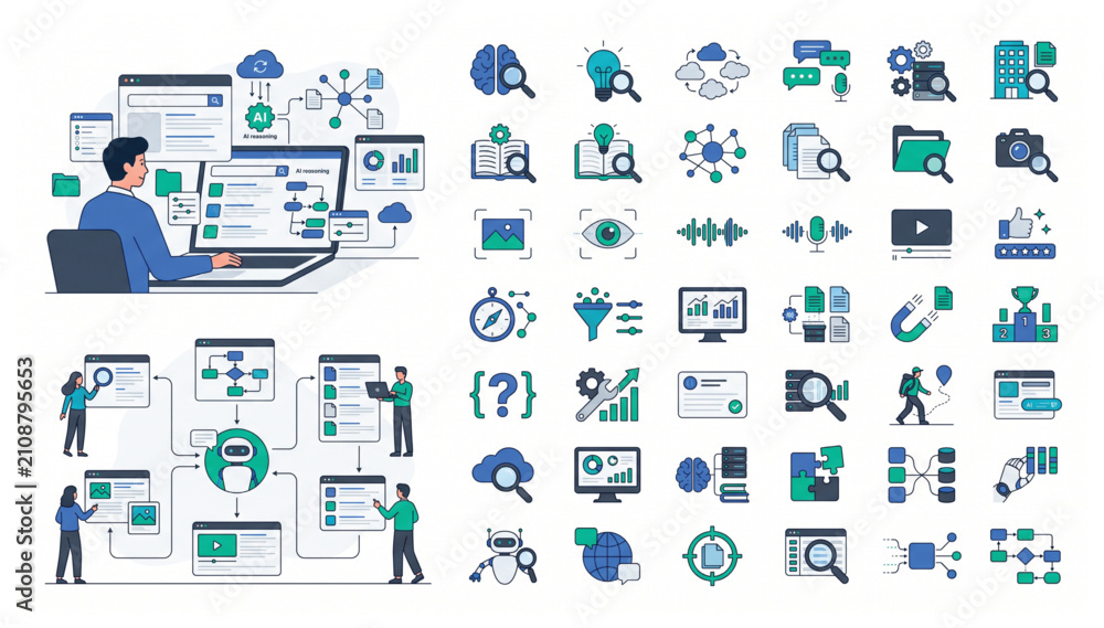 Fototapeta premium Business Team Working on Intelligent Information Retrieval and Data Architecture Vector Illustration