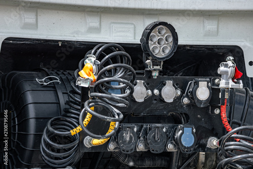 Canvas Print Semi truck cabin back wall with trailer connection lines