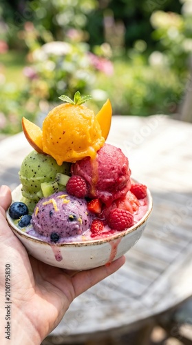 macro of colorful fruit sorbet scoops with fresh fruit pieces melting slightly, bright summer light, vibrant and refreshing textures