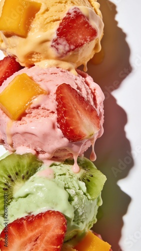 macro of colorful fruit sorbet scoops with fresh fruit pieces melting slightly, bright summer light, vibrant and refreshing textures