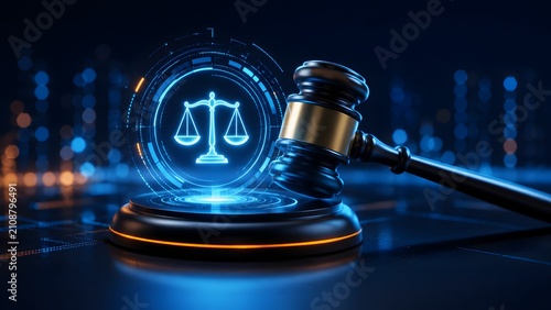 Wooden judge gavel beside glowing blue holographic scales of justice symbol. Concept of cyber law for corporate governance and legal technology.