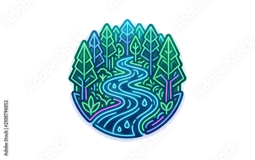 Glowing Neon Forest and River Vector Sticker Design