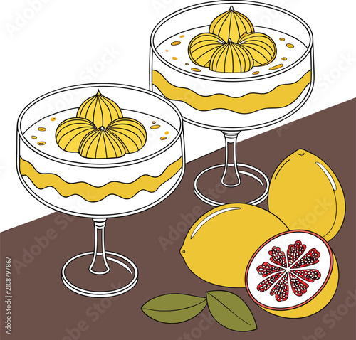 Quadro su tela Elegant Ribbed Glass Coupes Filled with Layered Lemon Curd Dessert and Fresh Fruit Still Life