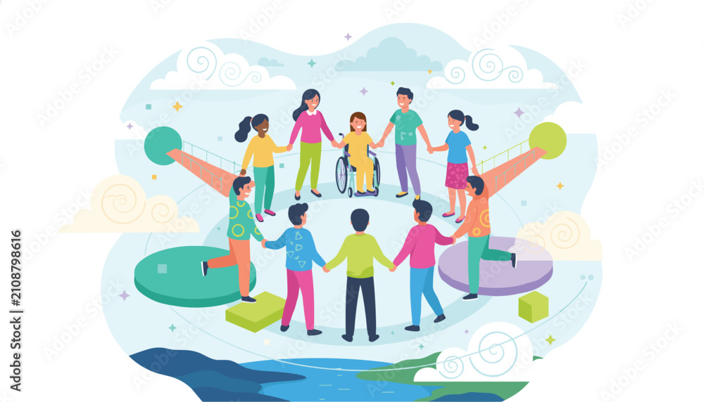 Obraz premium Diverse group of joyful children including a girl in a wheelchair standing in a circle formation on a bright platform.