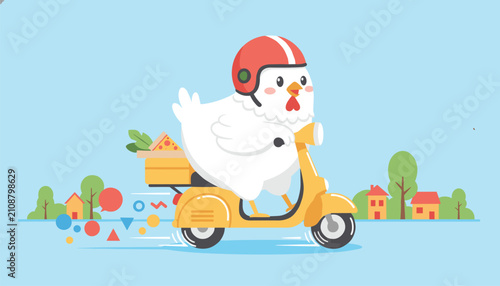 Cartoon chicken wearing a red safety helmet while riding a yellow scooter through a suburban neighborhood.