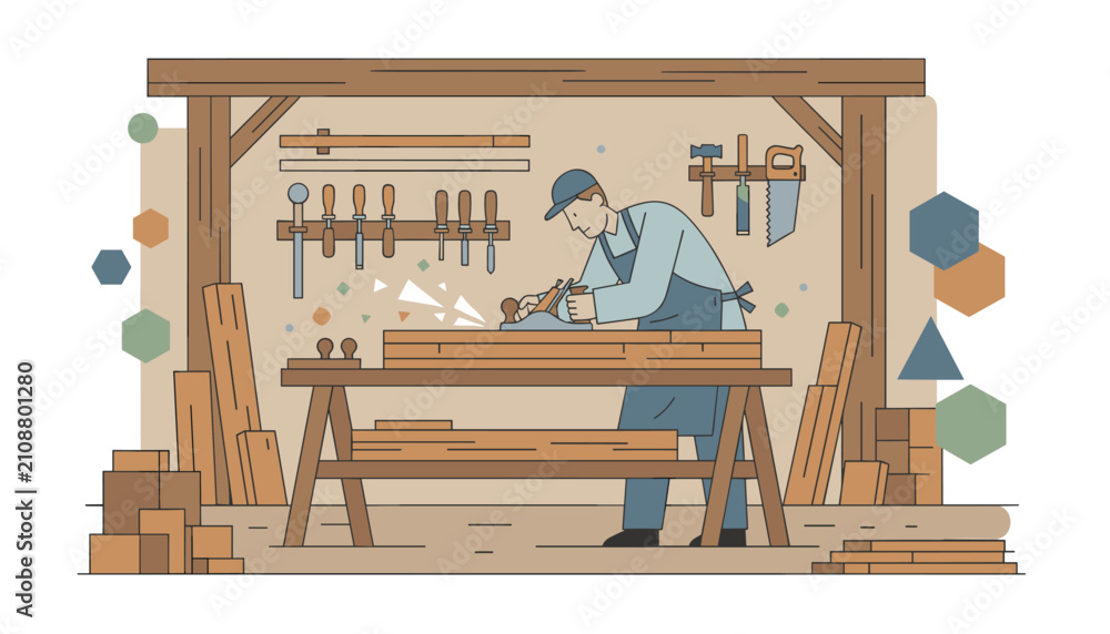 Fototapeta premium Professional woodworker using a hand plane to smooth a wooden board at a workbench in a bright carpentry workshop interior setting.