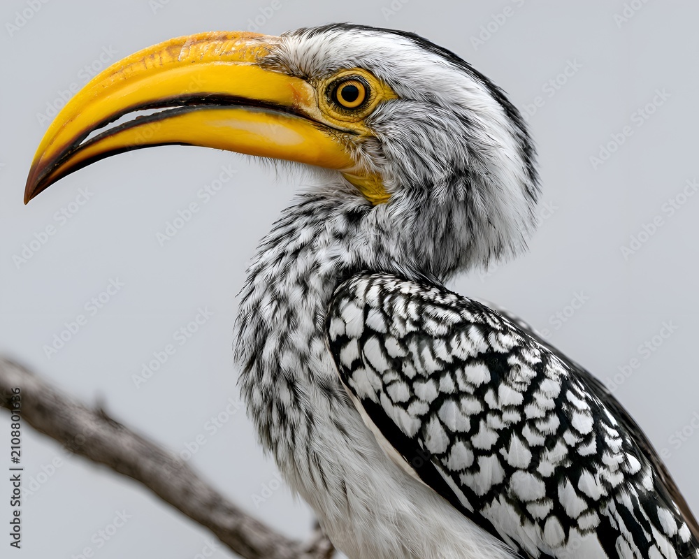 Fototapeta premium Close-up profile of a Southern Yellow-billed Hornbill showcasing its vibrant yellow bill and detailed black and white plumage against a soft grey background