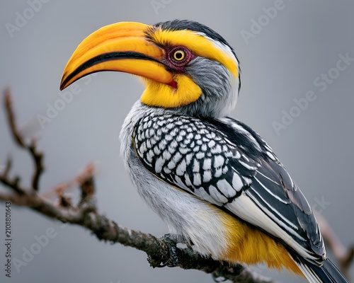 Vibrant Southern Yellow-billed Hornbill perched on a branch, showcasing its striking yellow beak and patterned feathers in a natural wildlife setting