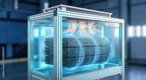 Immersion cooled battery modules in transparent tank. Liquid cooling technology for energy storage systems with aqua fluid and thermal visualization