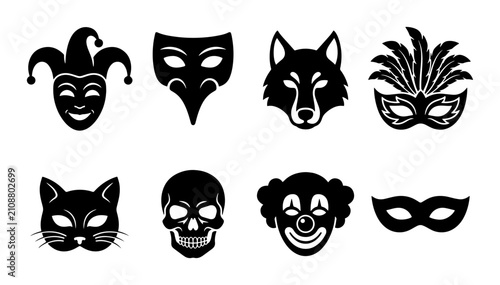 Masquerade Masks and Character Icons, Carnival Symbols, Festive Celebration Elements, Black and White Vector Set
