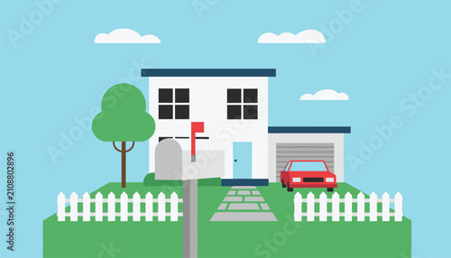 Suburban house illustration features a white dwelling with a red car parked in the garage under a clear blue sky with white clouds.
