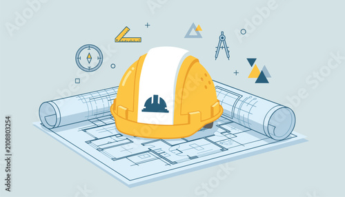 Construction site safety equipment featuring a yellow hard hat resting on top of architectural blueprints with drafting tools.