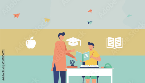 Teacher assists a student with school work at a desk featuring a globe and academic symbols representing learning and growth.
