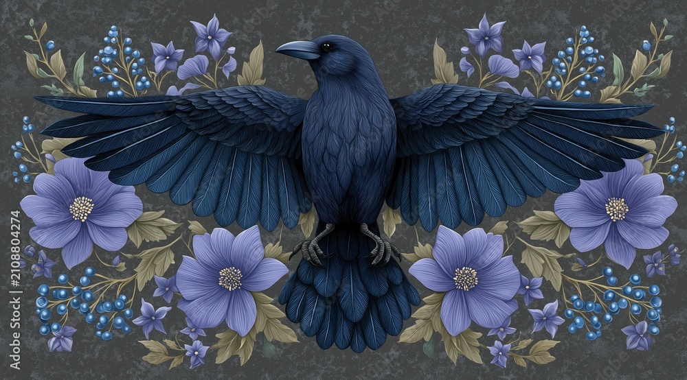Obraz premium Symmetrical illustration of a dark blue raven with spread wings. Gothic floral background with purple flowers and blue berries