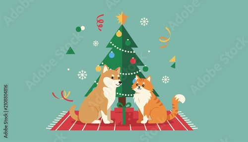 Cute dog and cat sitting together beside a decorated Christmas tree with wrapped presents on a festive red carpet at home.