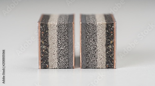 Layered split solid state battery cross section demonstrating precision manufacturing 3D rendered