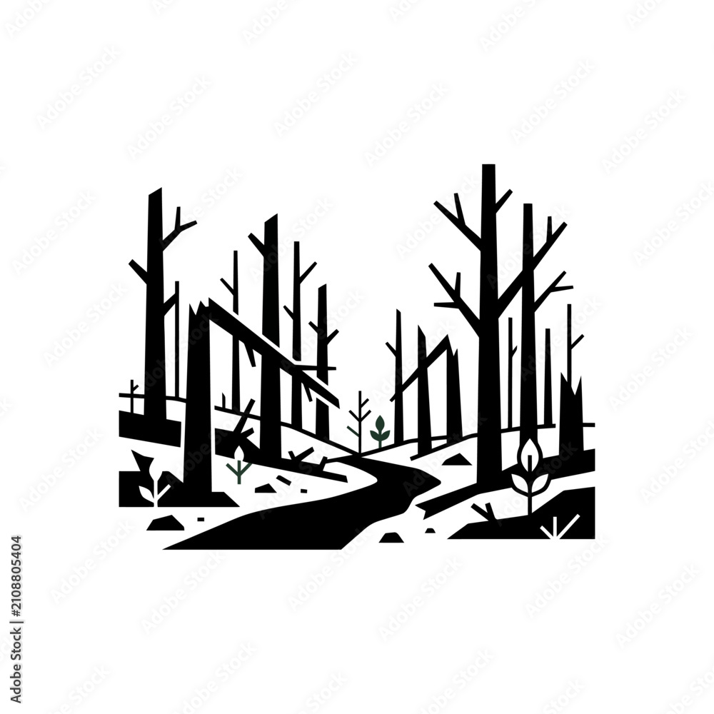 Obraz premium Whimsical digital illustration of a cute charred forest landscape with burnt trees and ash