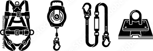 Set of black icons representing fall protection equipment, including a safety harness, self-retracting lifeline, lanyard, and roof anchor for construction and industrial safety.