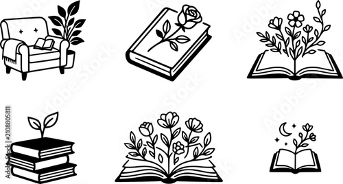 Minimalist black and white icons featuring books and flowers, symbolizing reading, literature, and growth. Includes a cozy armchair, rose on book, and flowers blooming from pages.