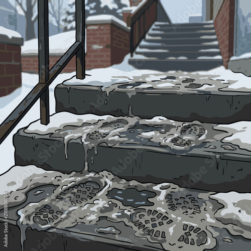 Footprints in slush on cold stairway during winter season