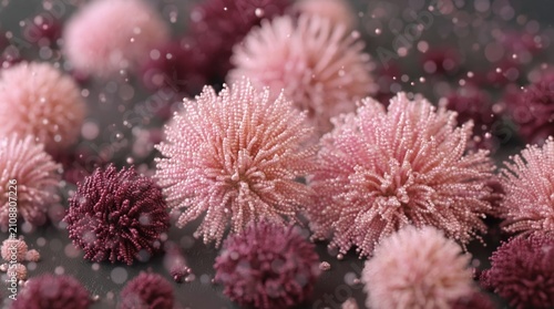 Group of fuzzy pink and magenta spherical flowers with tiny beads. Abstract composition with soft textures and floating particles. Close up of decorative pom poms