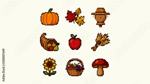 Pixel Art Icon Sheet of Nine Autumn and Harvest Themed Graphics Including Pumpkin, Leaves, Scarecrow, Cornucopia, Apple, Wheat, Sunflower, Basket, and Mushroom