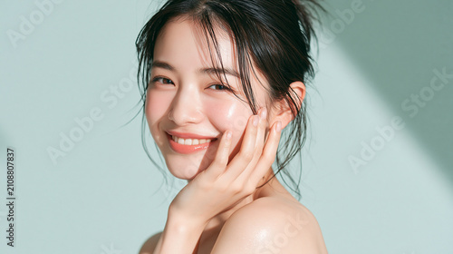 笑顔で綺麗な肌と白い歯を見せる日本人女性美人モデルの美容ポートレート。オーラルケア、スキンケア、コスメ広告用。