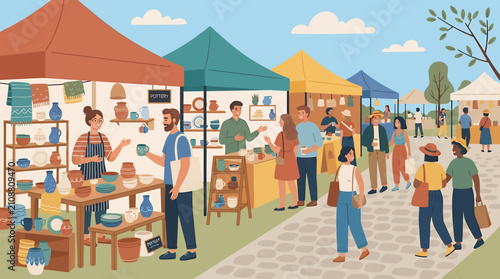 People shopping for handmade pottery and ceramic crafts at an outdoor street market festival.