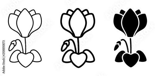 Bild auf Leinwand Cyclamen Flower Icons, Simple Line Art and Silhouette Vector Graphics