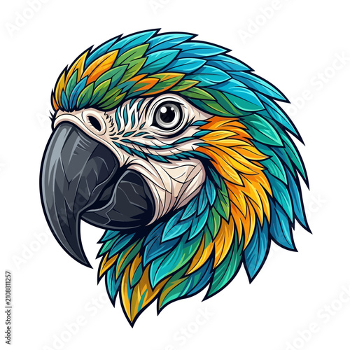 Vibrant Tropical Macaw Parrot Head Portrait Illustration