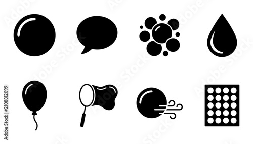 Bild auf Leinwand Set of 8 Black Icons: Sphere, Speech Bubble, Bubbles, Droplet, Balloon, Bubble W