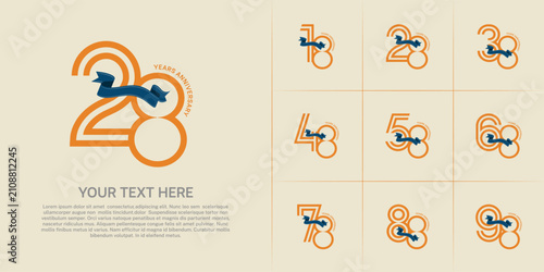 Anniversary logo type set with double line number. orange color with blue ribbon can be use special moment